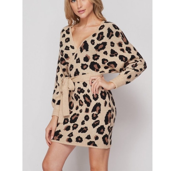 Dresses & Skirts - Beige Brown Leopard Print Faux Wrap Sweater Dress